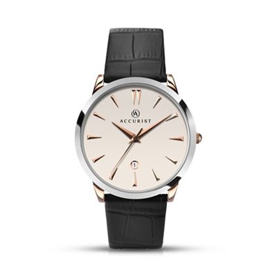 Men's black leather strap white dial watch 7028.01
